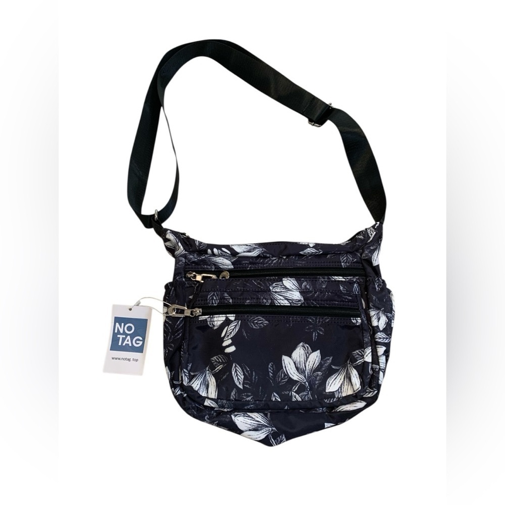 NIB NO TAG Black & White Floral Nylon Crossbody Shoulder Bag Multi-Zip Pockets